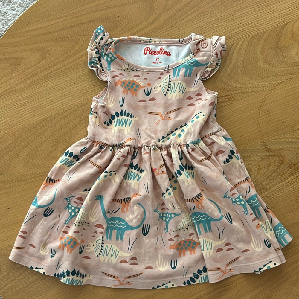 4T Piccolina 100% Cotton Blush Sleeveless Dinosaur Print Aubrey Dress like new!